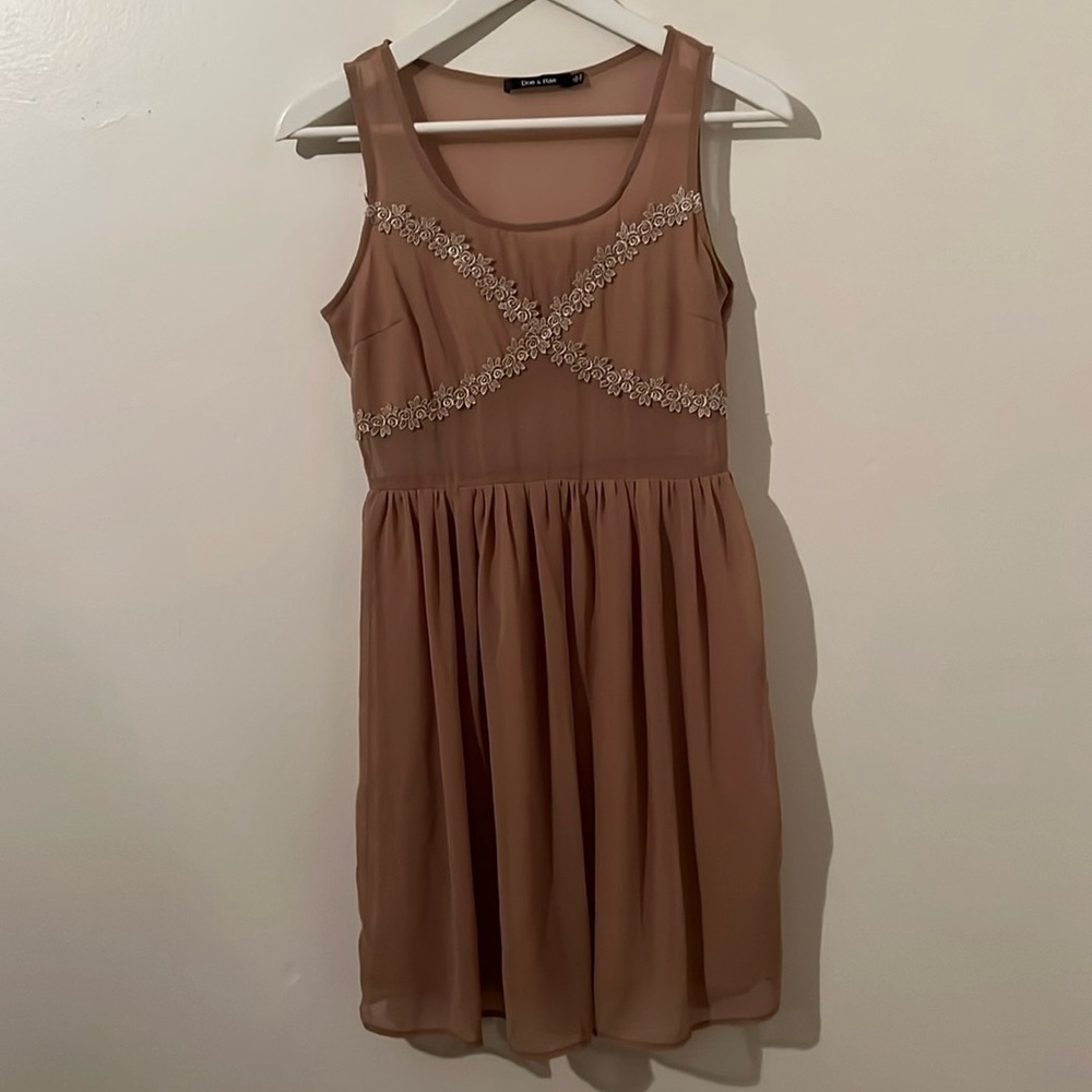 DOE & RAE Tan Sleeveless Dress with Slip on bottom half and floral pattern top